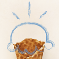 A single waffle cone filled with brown ice cream, centered on a plain off-white background. A light blue hand-drawn outline of a face and small sparkles appears above the cone. The photo for the ice cream is coming soon, and this is a placeholder illustration.